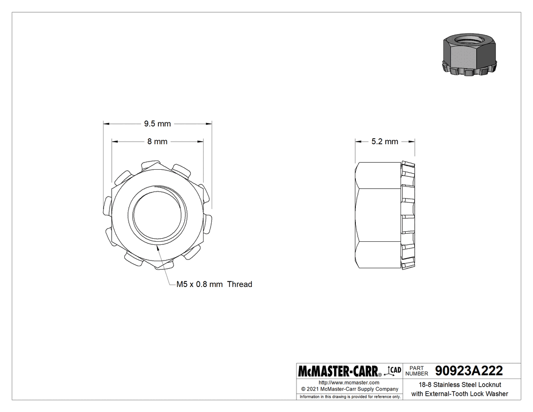 Technical Drawing of 18-8 Stainless Steel Locknut with External-Tooth Lock Washer, M5 x 0.8 mm Thread Size.